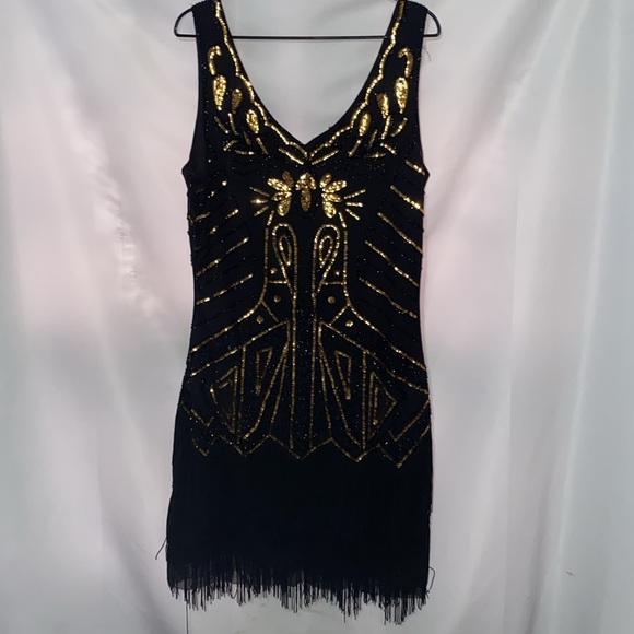 BEYONDBABE WO SIZE XL Elegant Black and Gold SEQUINS FLAPPER Women's STYLE Dress - Picture 11 of 11